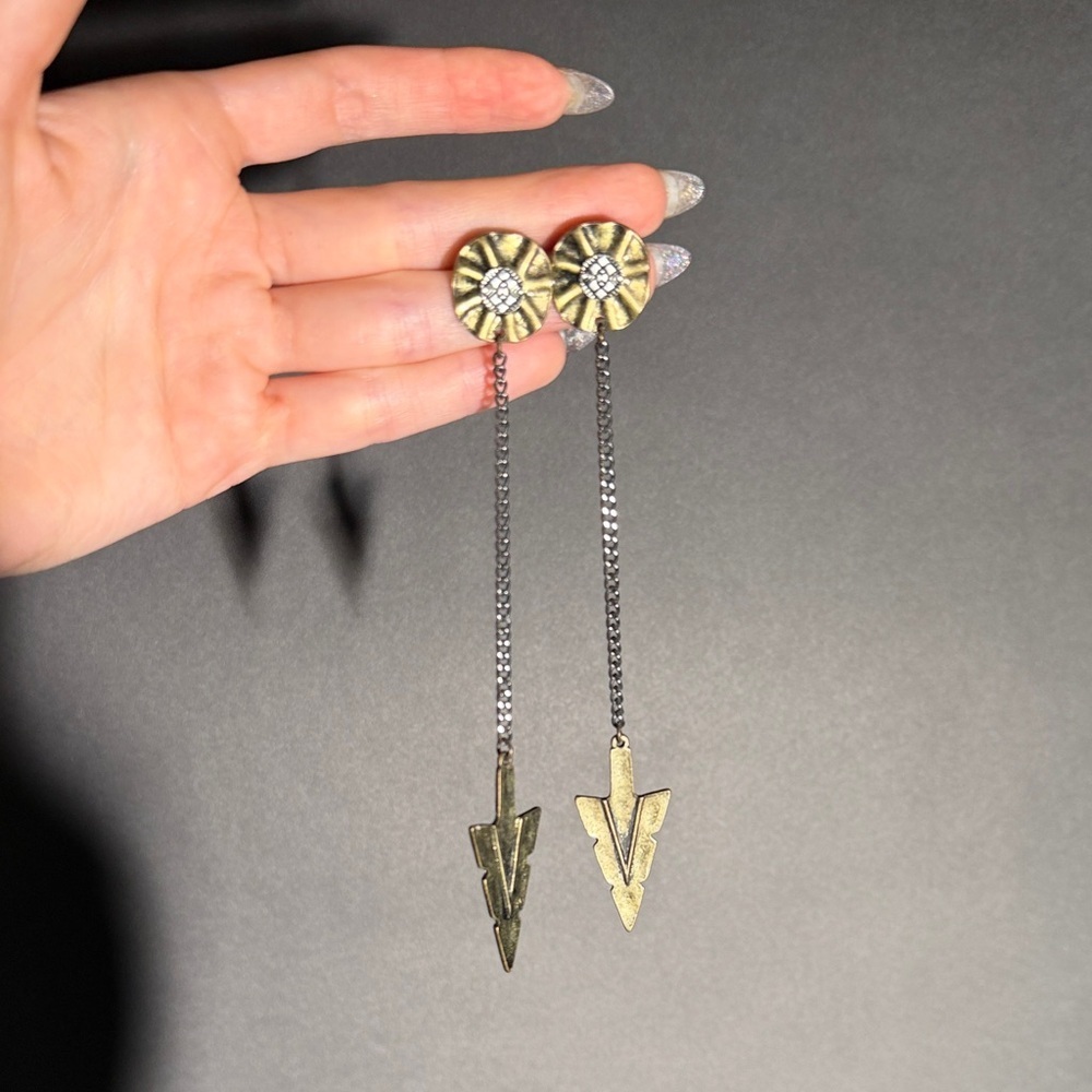 Brass and Silver Arrow Head Dangle Chain Earrings